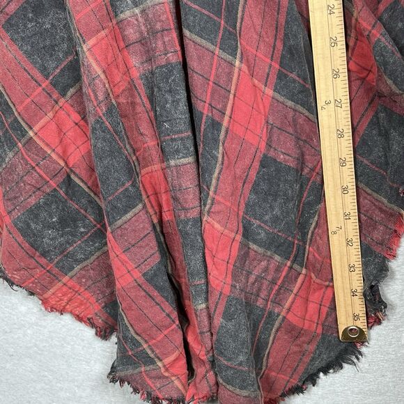 Zara Shirt Womens Medium Red & Black Plaid Button Up High Low Stud Accent Ruffle - Picture 7 of 11